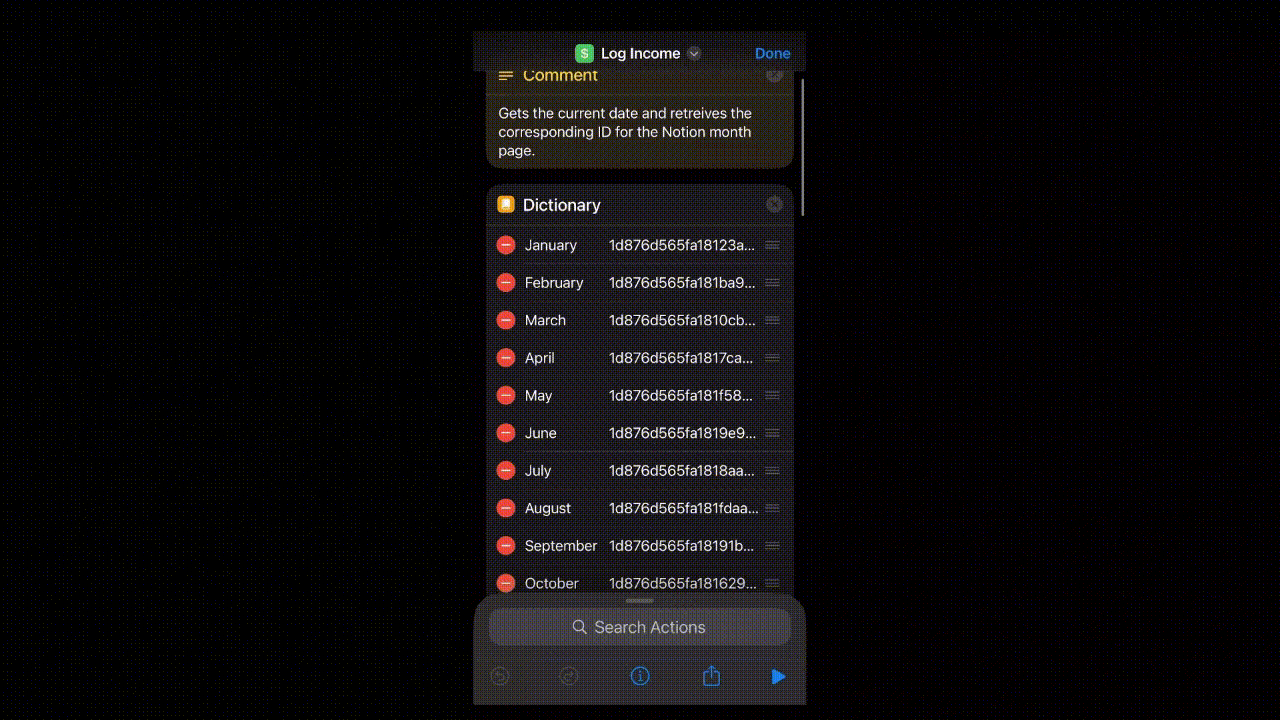 Screen Recording of Log Income Shortcut